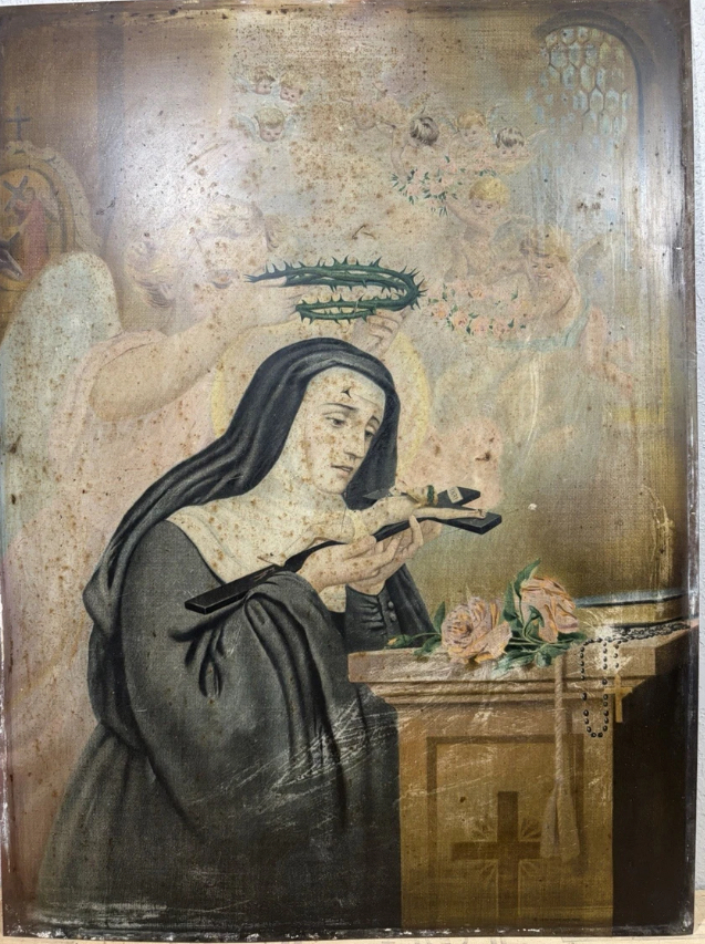 Antique Tin Lithograph Saint Rita, large size Beautiful